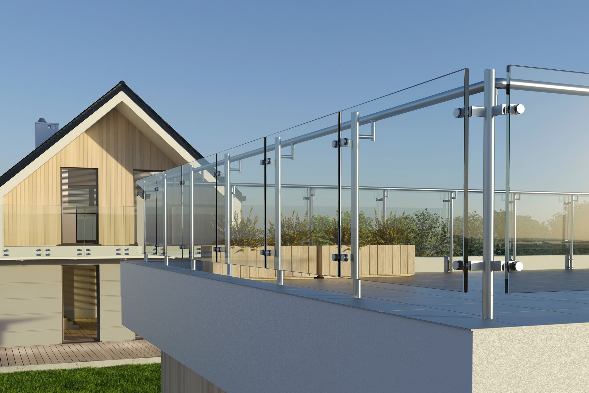 Modern stainless steel railing with glass panel and house, 3D illustration