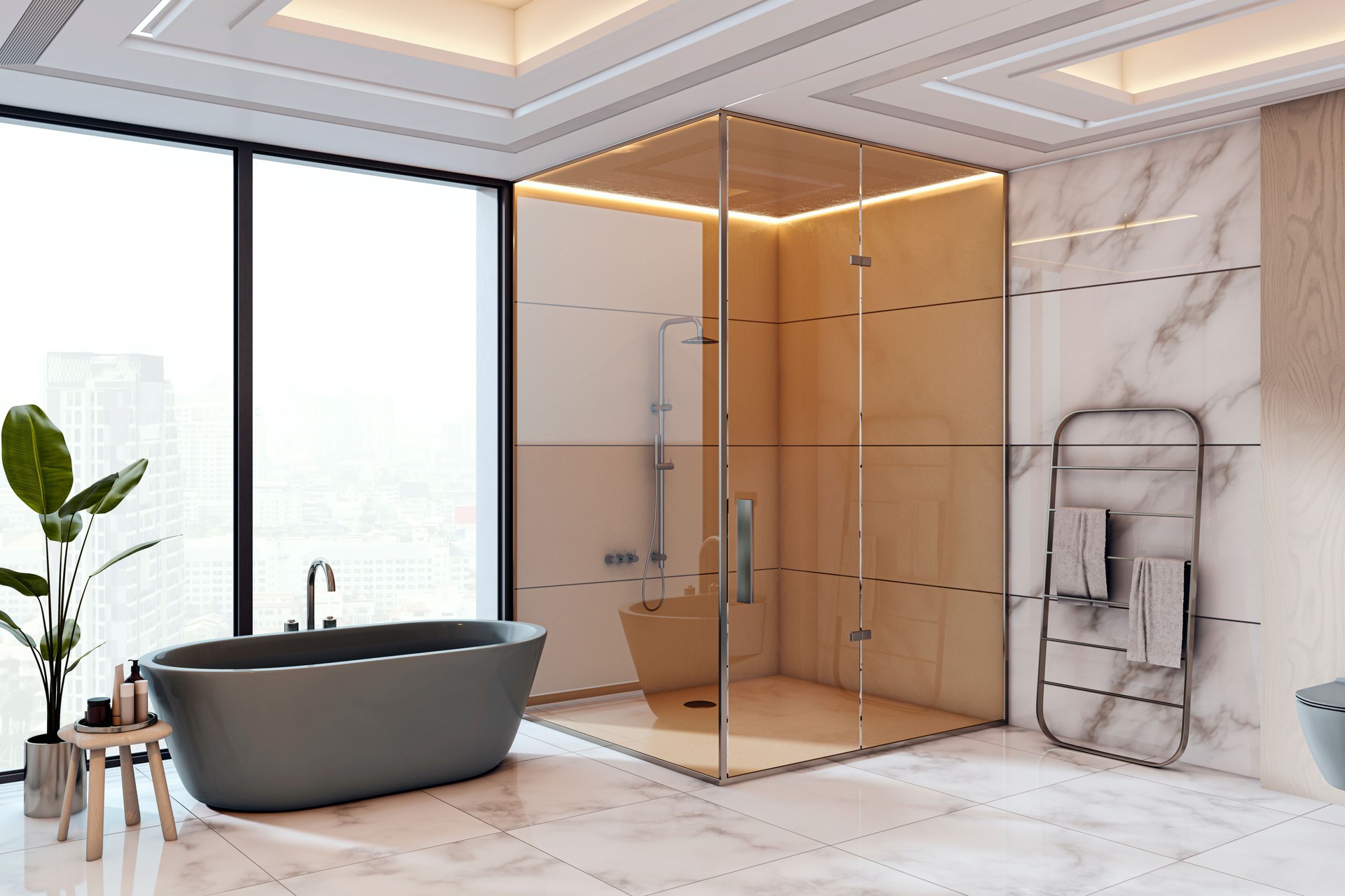 Modern luxury bathroom interior with glass shower, freestanding bathtub, and marble walls in high-rise city apartment setting. 3D Rendering
